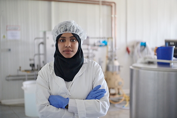 Image showing African black muslim business woman in local cheese production company