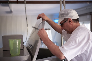 Image showing Cheese production cheesemaker working in factory