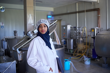 Image showing African black muslim business woman in local cheese production company