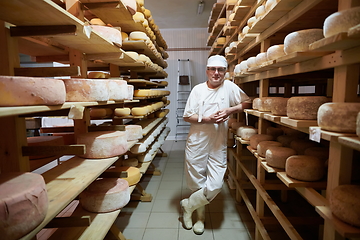 Image showing Cheese maker at the storage with shelves full of cow and goat cheese