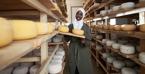 Image showing African black muslim business woman in local cheese production company