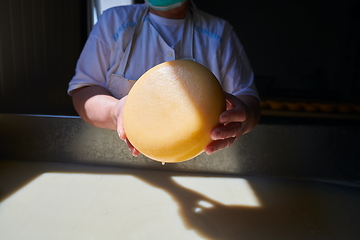 Image showing Workers preparing raw milk for cheese production