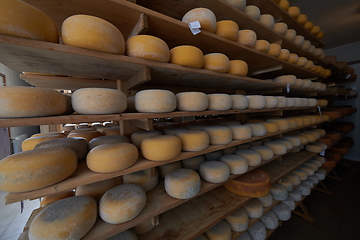 Image showing Cheese factory production shelves with aging old cheese