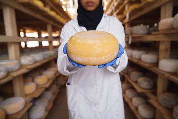 Image showing African black muslim business woman in local cheese production company