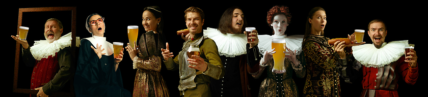 Image showing Young people as a medieval grandees on dark background, oktoberfest