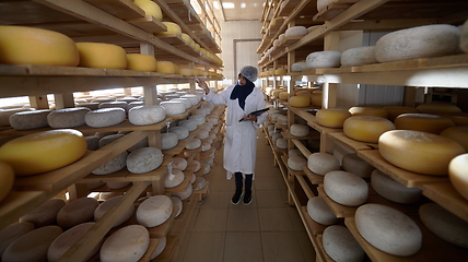 Image showing African black muslim business woman in local cheese production company