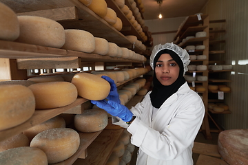 Image showing African black muslim business woman in local cheese production company