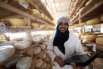 Image showing African black muslim business woman in local cheese production company