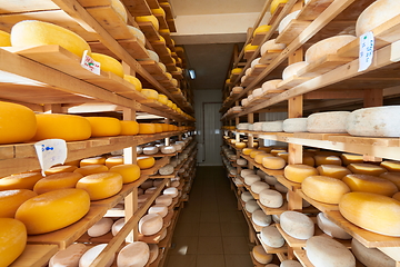 Image showing Cheese factory production shelves with aging old cheese