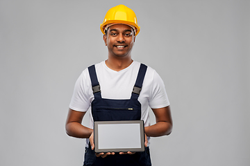 Image showing happy indian builder in helmet with tablet pc