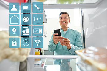 Image showing man with smartphone making list of food in fridge