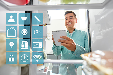 Image showing man making list of necessary food at home fridge