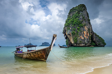 Image showing Long tail boat on Phra Nang Beach, Krabi, Thailand