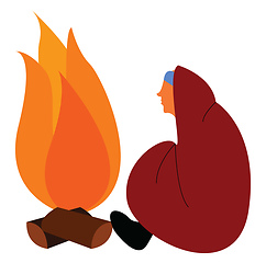 Image showing A man sitting next to a bonfire, vector color illustration.