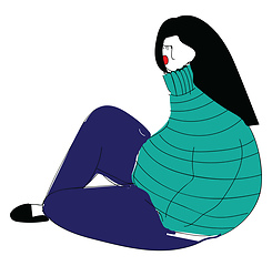 Image showing Girl with black hair and big blue sweater vector ilustration on 