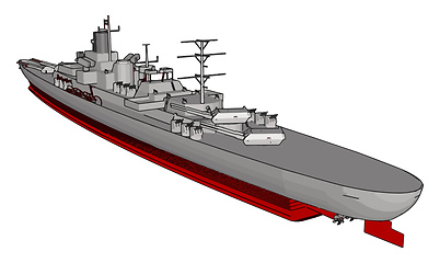 Image showing 3D vector illustration of a long red and grey military war ship 
