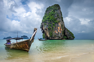 Image showing Long tail boat on Phra Nang Beach, Krabi, Thailand