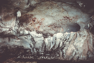 Image showing Prehistoric paintings in a cave, Phang Nga Bay, Thailand