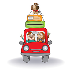 Image showing happy couple with their dog traveling with funny red car. Summer