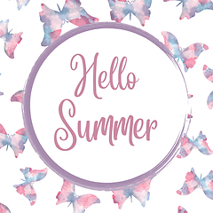 Image showing Hello summer. Watercolor banner with butterflies