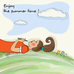 Image showing Romantic  girl enjoy the summer time. Watercolor banner