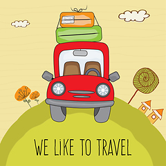 Image showing Red car with suitcases on the road. Summer holiday poster