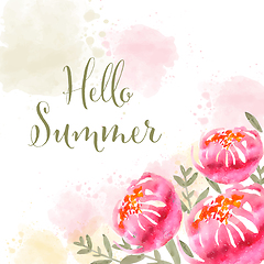 Image showing Hello summer. Watercolor banner with flowers