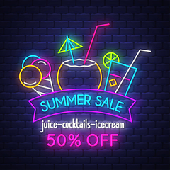 Image showing Summer sale banner for drinks. Neon sign lettering.