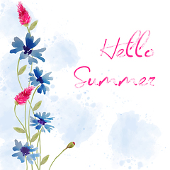 Image showing Hello summer. Watercolor banner with flowers