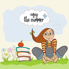 Image showing Teenage girl with many books enjoy the summer. 