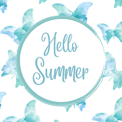 Image showing Hello summer. Watercolor banner with butterflies