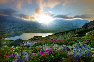 Image showing Summer mountain sunset scene