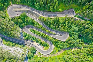 Image showing Above view of serpentine forest road