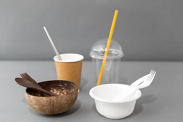 Image showing close up of eco friendly and plastic tableware