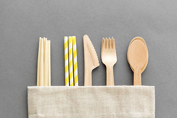 Image showing wooden spoon, fork, knife, straws and chopsticks