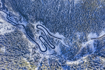 Image showing Mountain winter road, aerial view