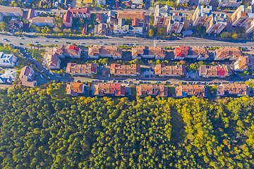 Image showing Residential buildings  near forest viewed from above