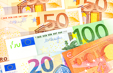 Image showing Background from different euro banknotes close up