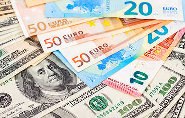 Image showing Money background from euro banknotes and american dollars