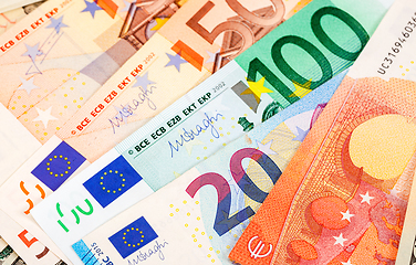 Image showing Background from different euro banknotes close up