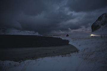 Image showing norway coast in winter with snow bad cloudy weather