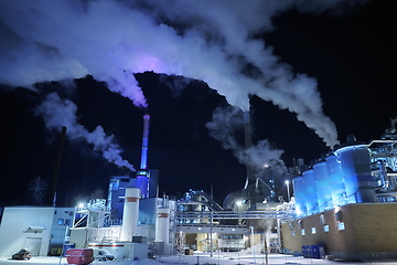 Image showing Factory at Night Air Pollution From Industrial Smoke