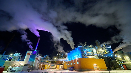 Image showing Factory at Night Air Pollution From Industrial Smoke