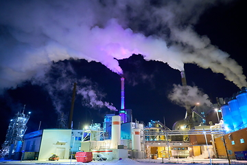 Image showing Factory at Night Air Pollution From Industrial Smoke