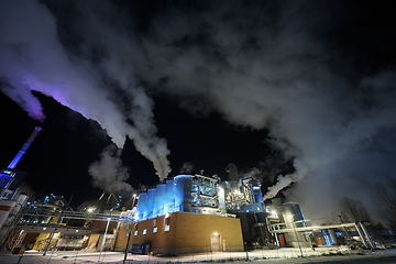 Image showing Factory at Night Air Pollution From Industrial Smoke