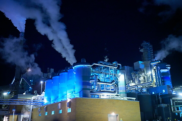 Image showing Factory at Night Air Pollution From Industrial Smoke