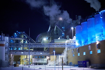 Image showing Factory at Night Air Pollution From Industrial Smoke