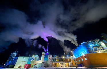 Image showing Factory at Night Air Pollution From Industrial Smoke