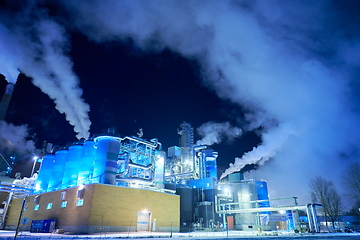 Image showing Factory at Night Air Pollution From Industrial Smoke