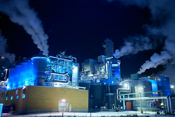 Image showing Factory at Night Air Pollution From Industrial Smoke